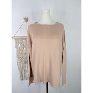 Eileen Fisher Tencel Rolled Neck Sweater Size Small Tan Beige Rib Knit Contrast